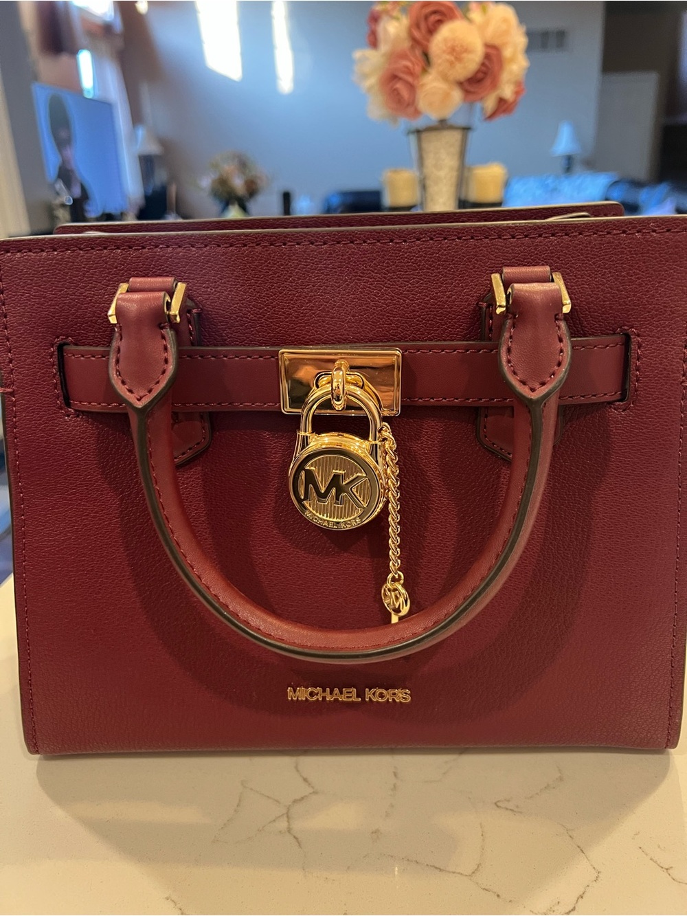 Michael Kors Wine Red Leather Satchel with Gold Hardware